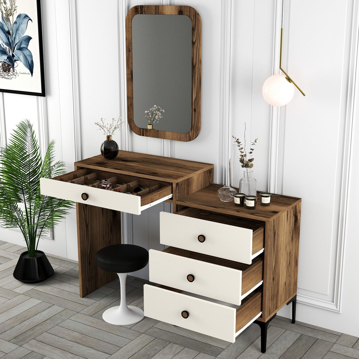 Toucador Moderno com espelho – 124 x 84,7 x 40 cm – Nogueira e Creme – Melamina
