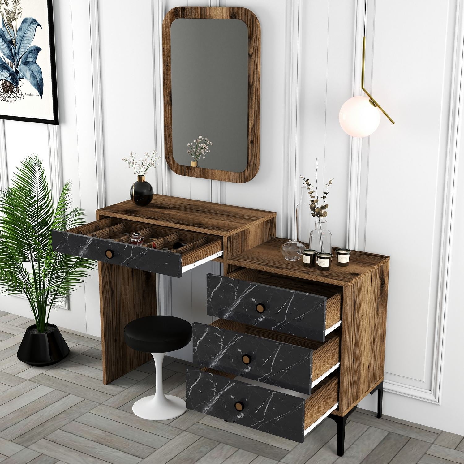 Toucador Moderno com Espelho – 124 x 84,7 x 40 cm – Nogueira e Preto – Melamina e Metal
