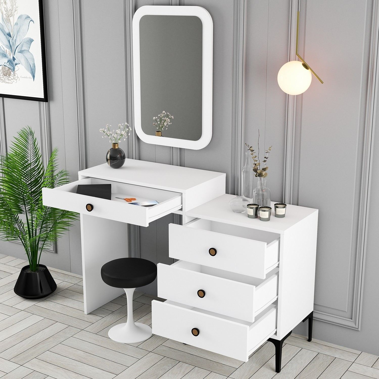 Toucador Moderno com Espelho – 124 x 84,7 x 40 cm – Branco – Melamina e Metal