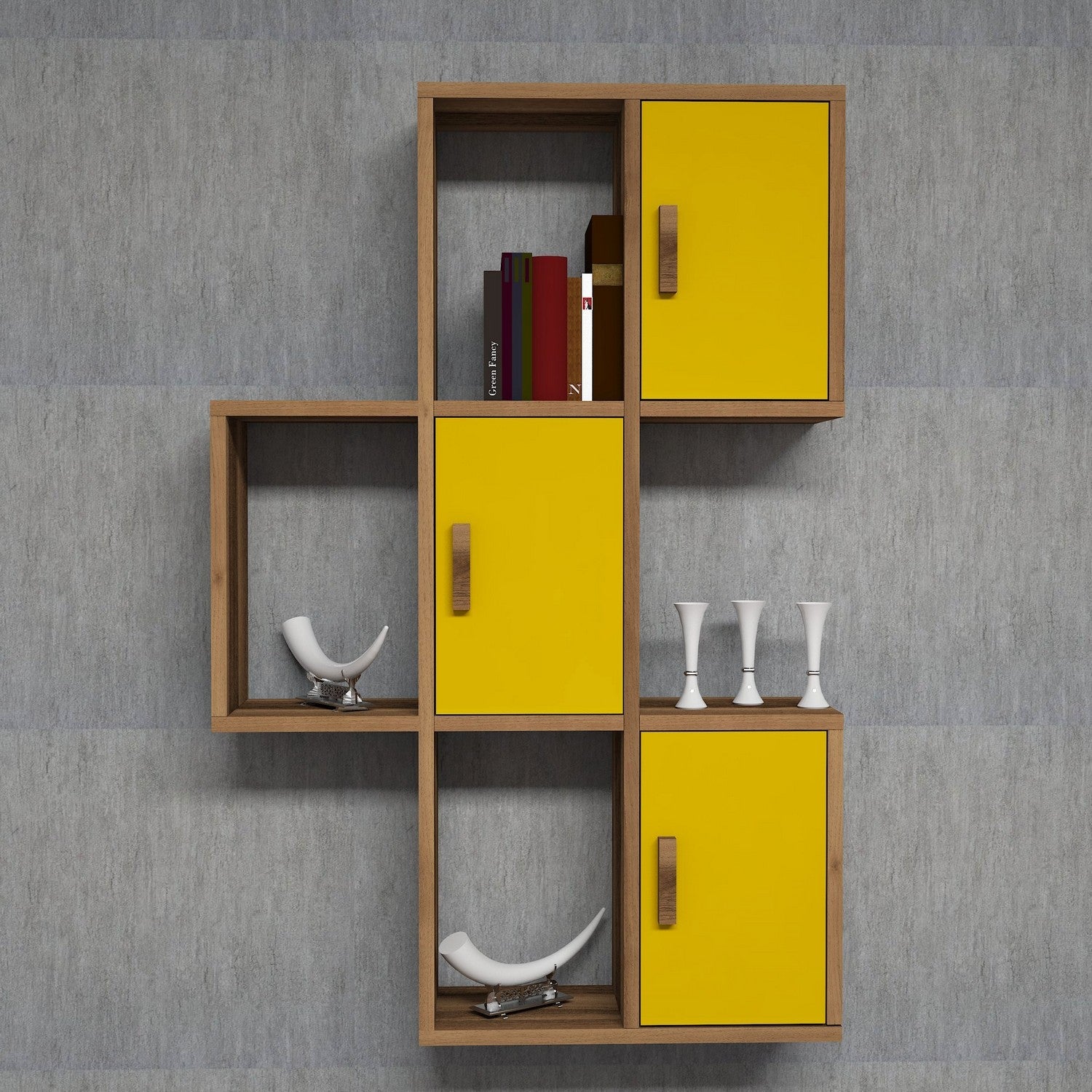 Prateleira de Parede – 50 x 112,6 x 20 cm – Nogueira e Amarelo – Painel de Partículas revestido a Melamina