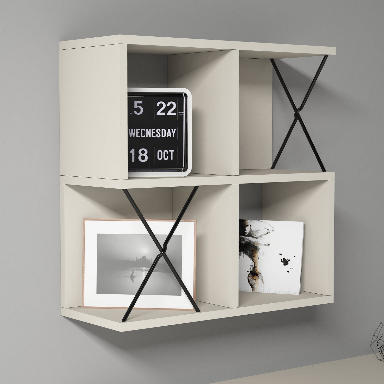 Prateleira de parede moderna – 60 x 60 x 24 cm – creme e preta – painel de partículas revestido de melamina
