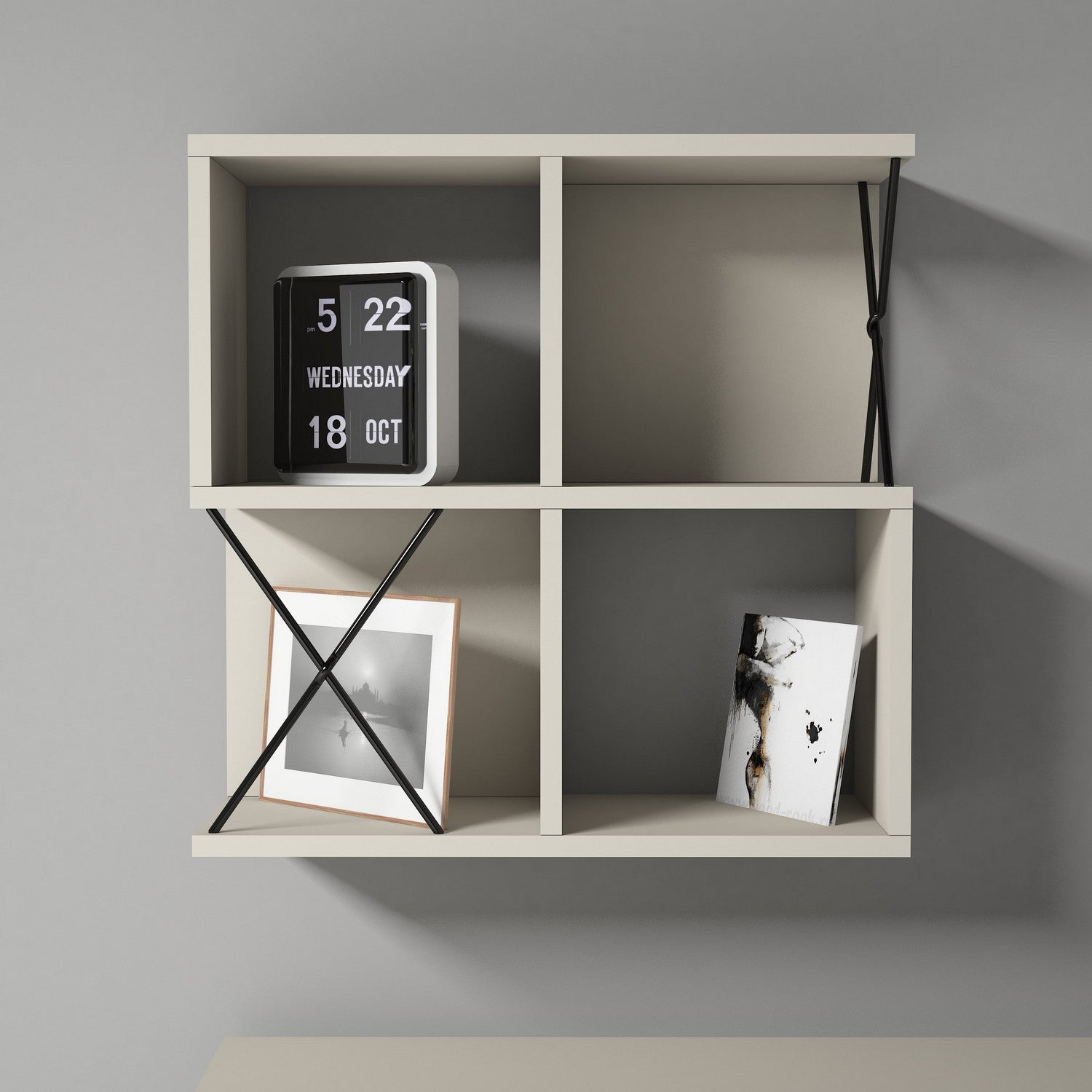 Prateleira de parede moderna – 60 x 60 x 24 cm – creme e preta – painel de partículas revestido de melamina