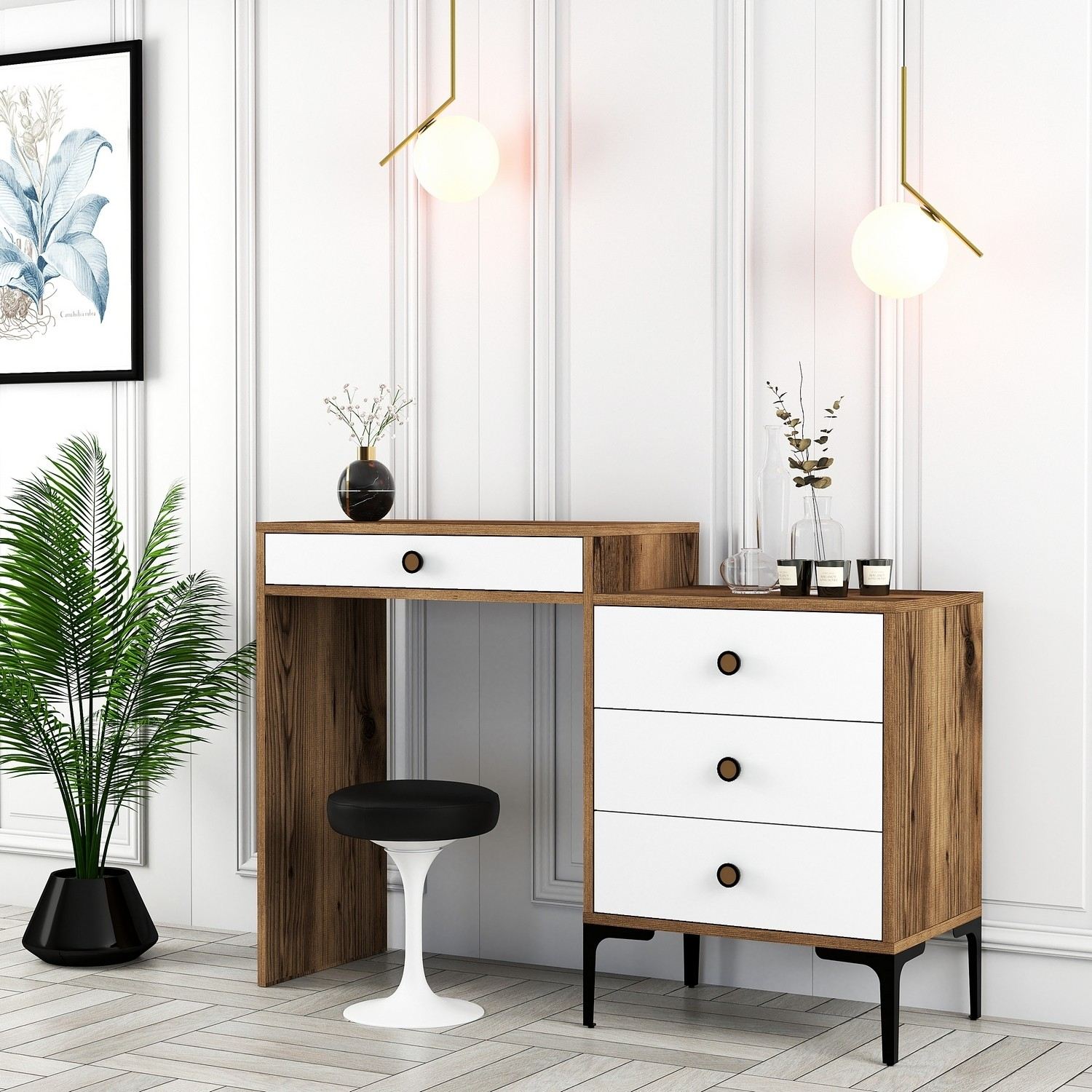 Toucador Moderno – 124 x 84,7 x 40 cm – Nogueira e branca – 100% revestido em melamina