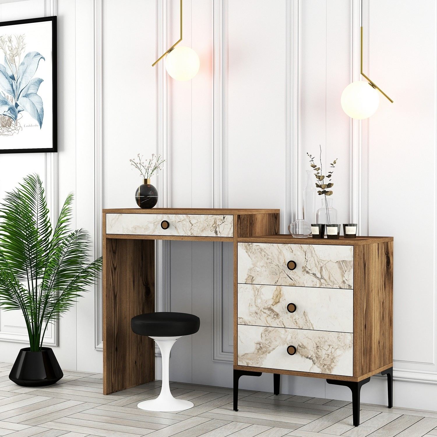 Toucador Moderno – 124 x 84,7 x 40 cm – Nogueira e Branca – 100% melamina e metal