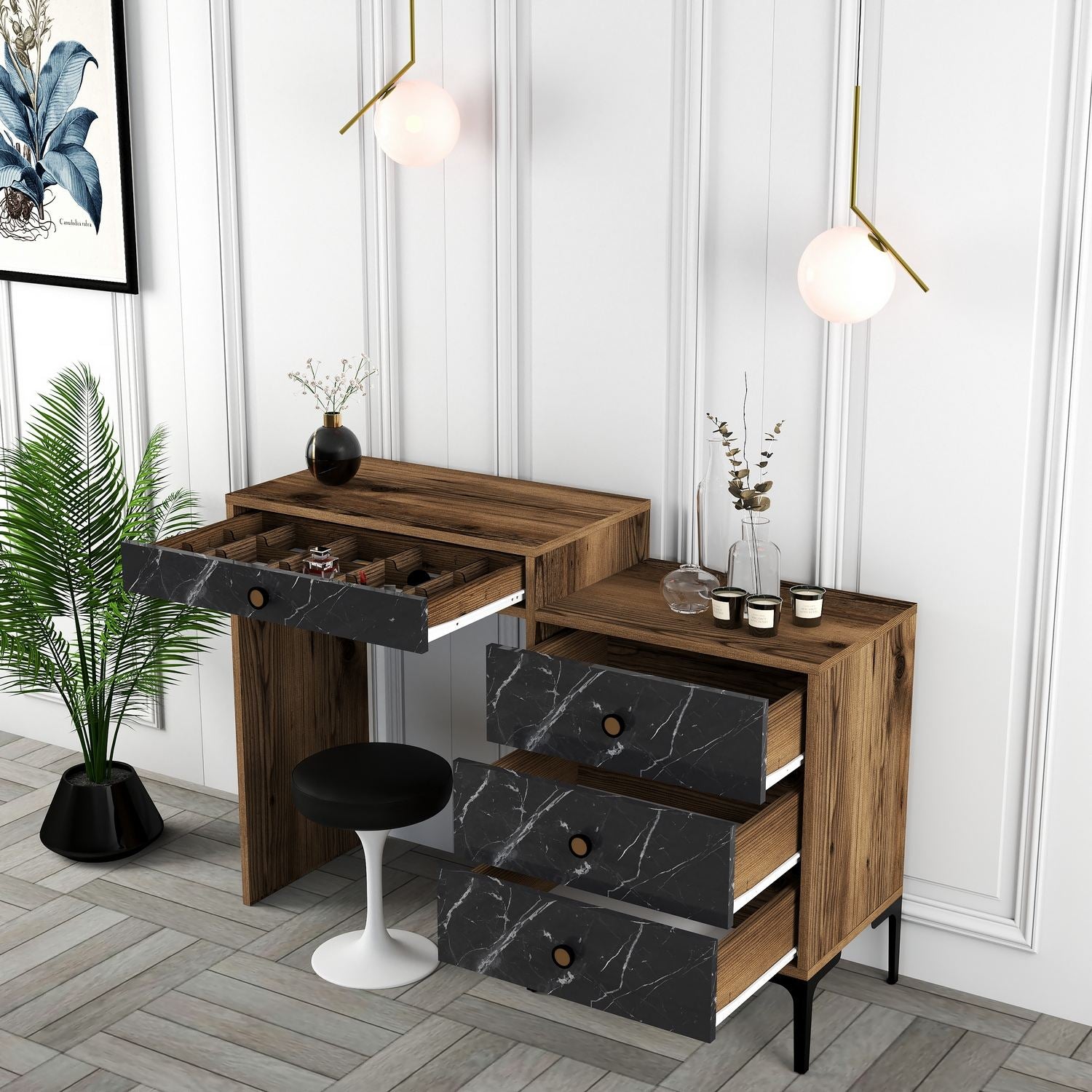 Toucador Moderno – 124 x 84,7 x 40 cm – nogueira e preta – melamina