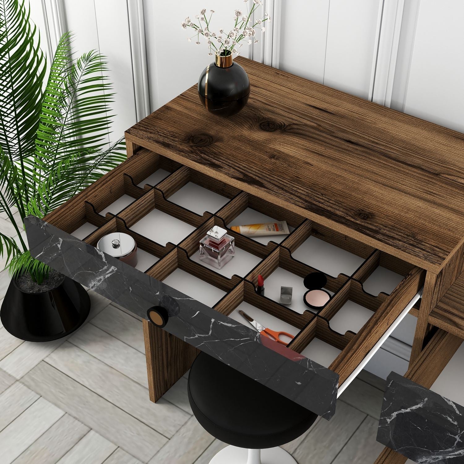 Toucador Moderno – 124 x 84,7 x 40 cm – nogueira e preta – melamina