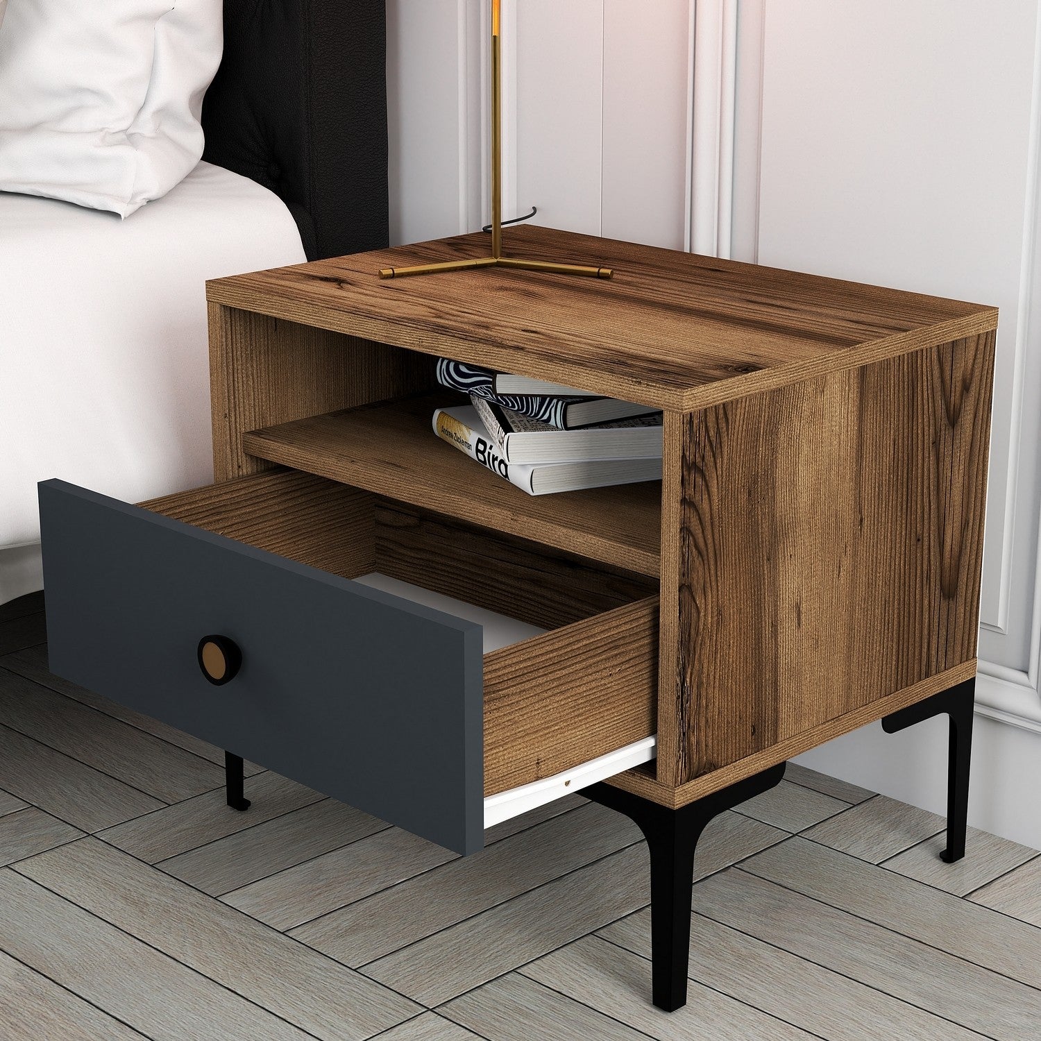 Mesa de Cabeceira Moderna – 56 x 50,8 x 40 cm – Nogueira e Antracite – Melamina