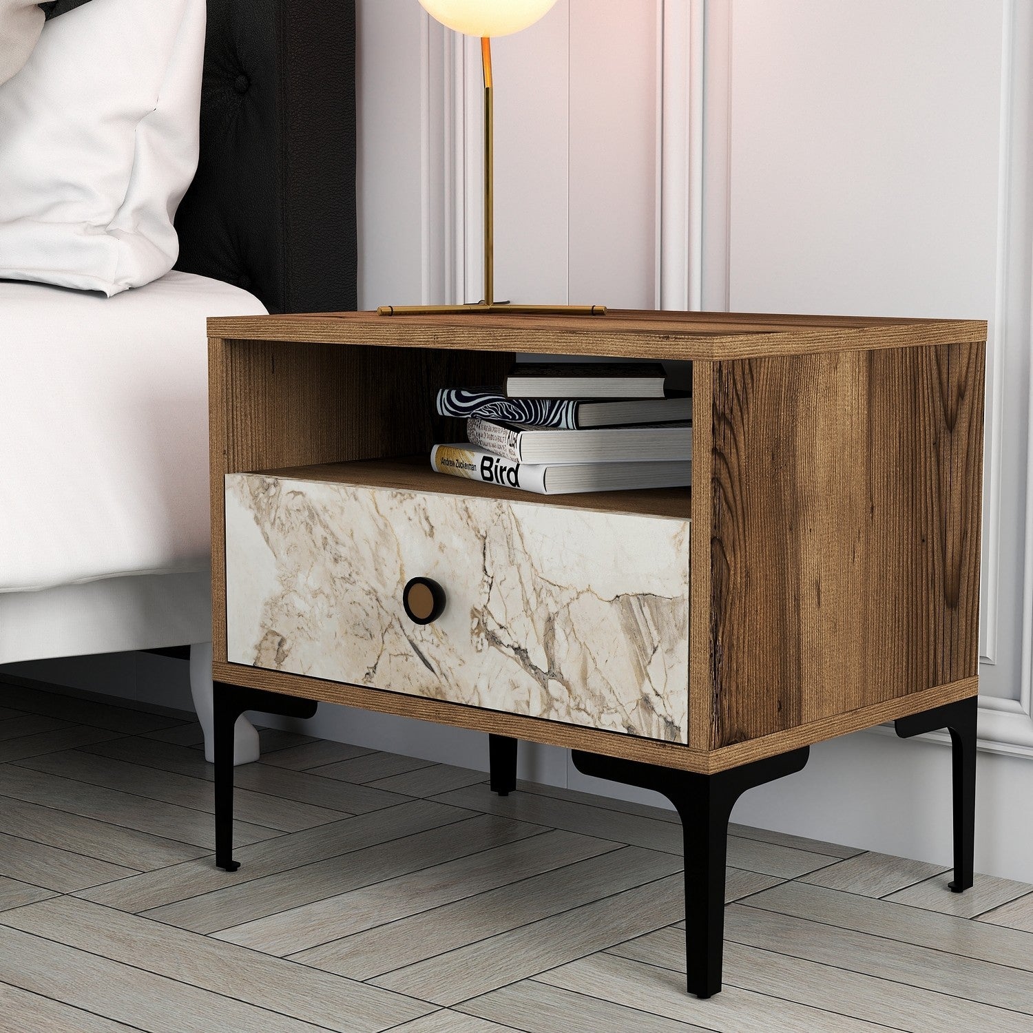 Mesa de cabeceira moderna – 56 x 50,8 x 40 cm – nogueira e branco – painel de partículas revestido a melamina