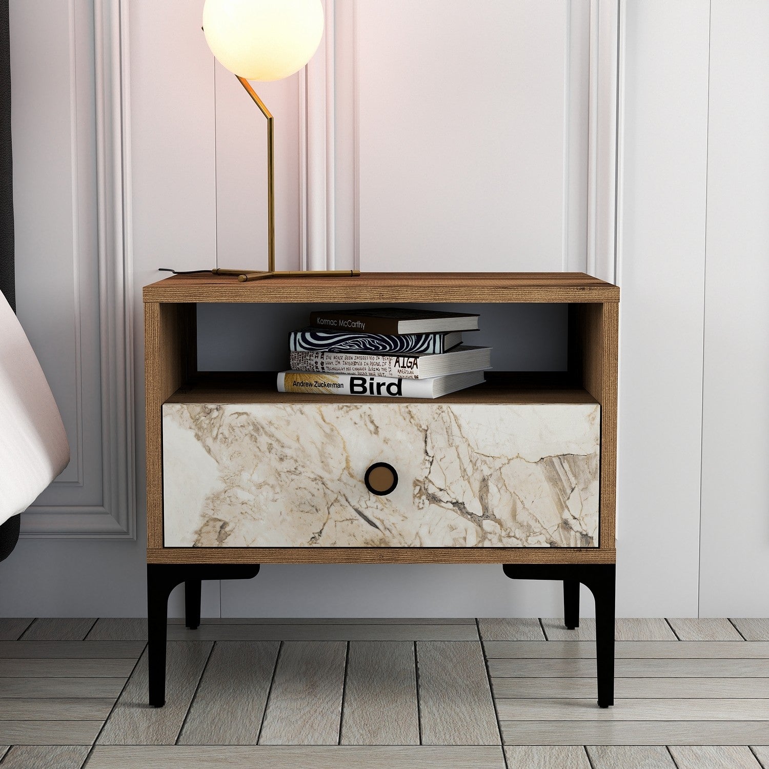Mesa de cabeceira moderna – 56 x 50,8 x 40 cm – nogueira e branco – painel de partículas revestido a melamina