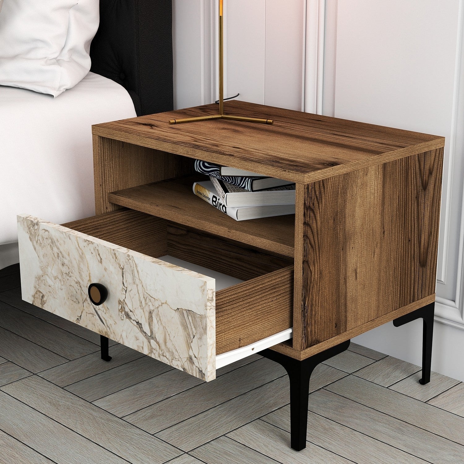 Mesa de cabeceira moderna – 56 x 50,8 x 40 cm – nogueira e branco – painel de partículas revestido a melamina
