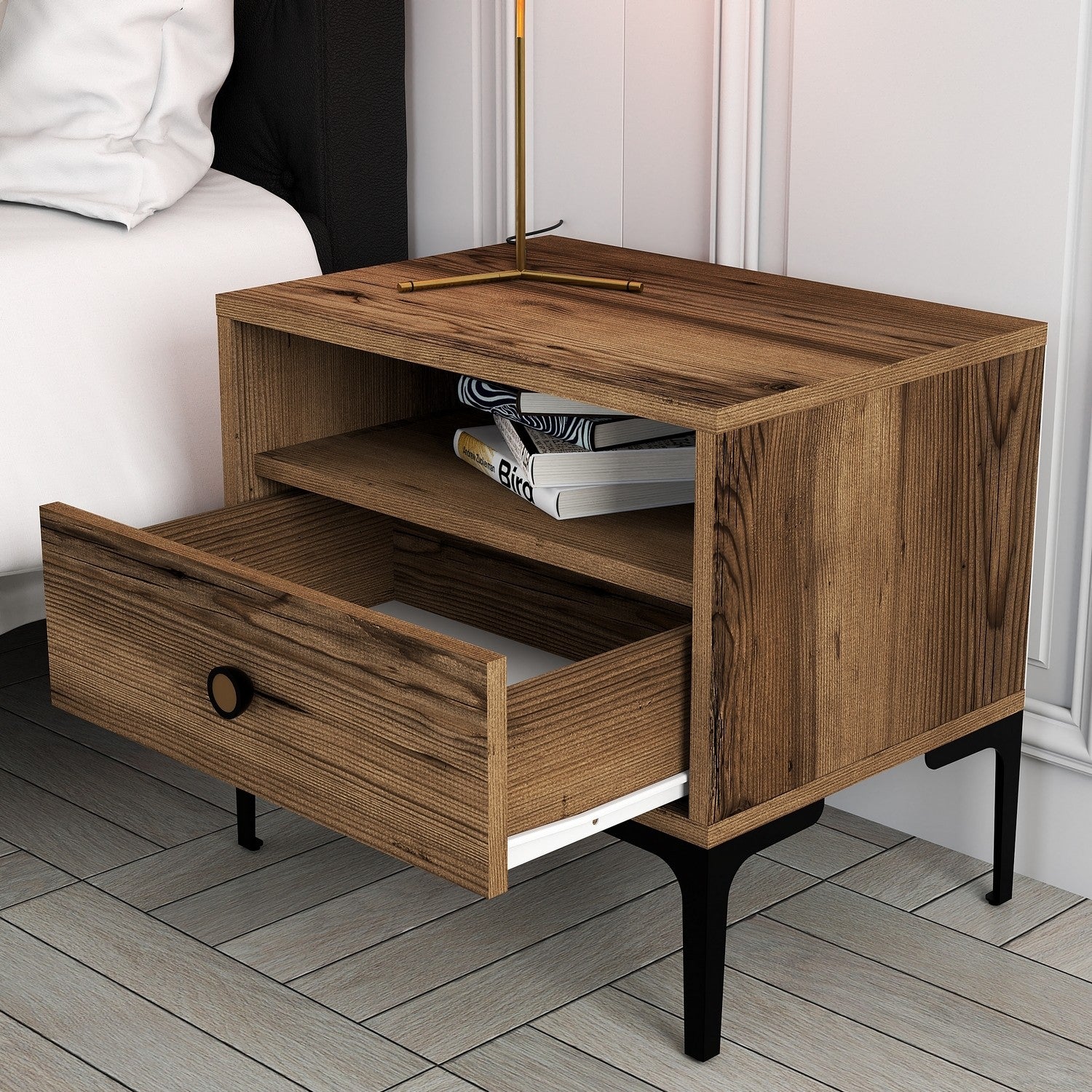 Mesa de Cabeceira Moderna – 56 x 50,8 x 40 cm – Nogueira – Painéis de Partículas revestidos a Melamina