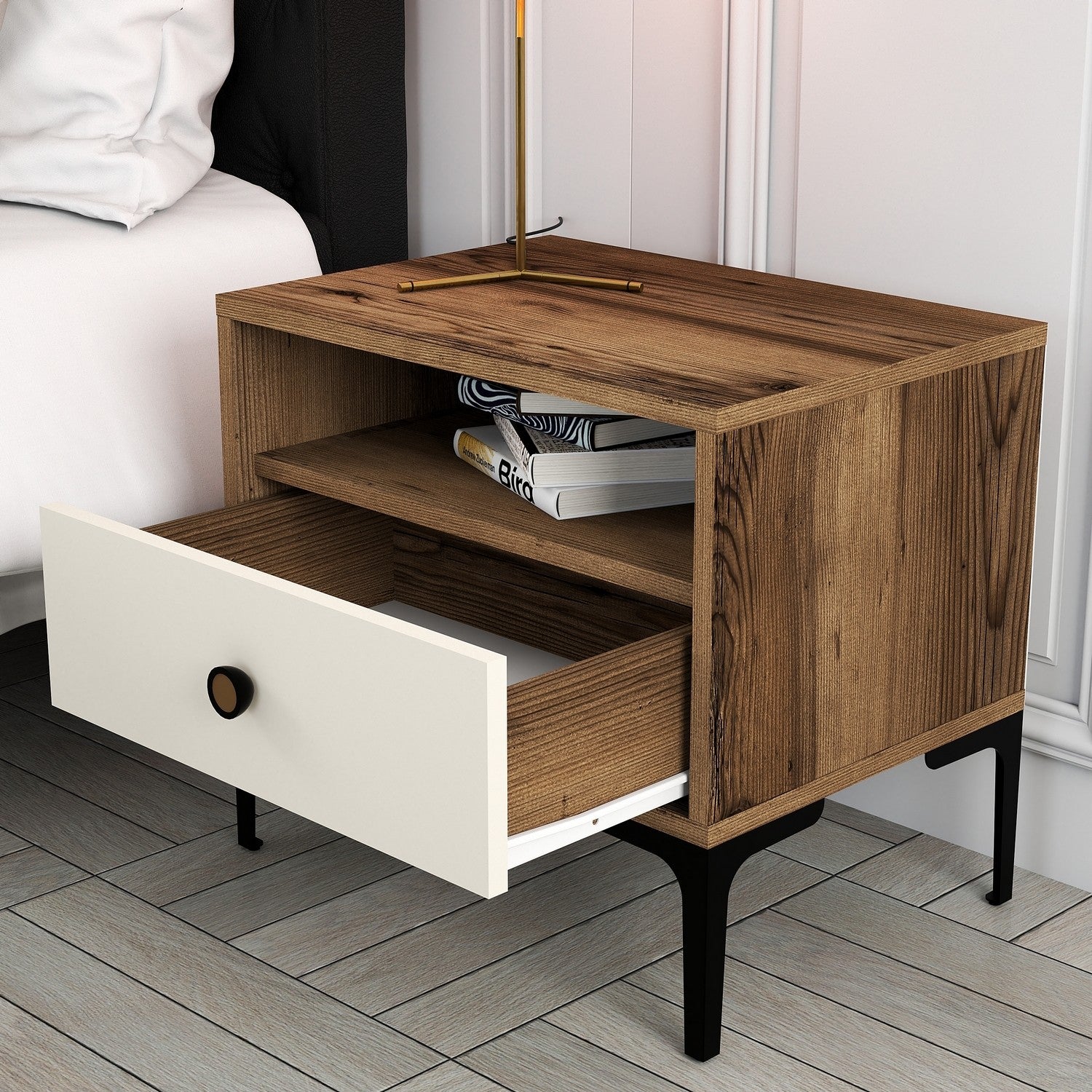 Mesa de cabeceira moderna – 56 x 50,8 x 40 cm – Nogueira e creme – Painel de partículas revestido a melamina