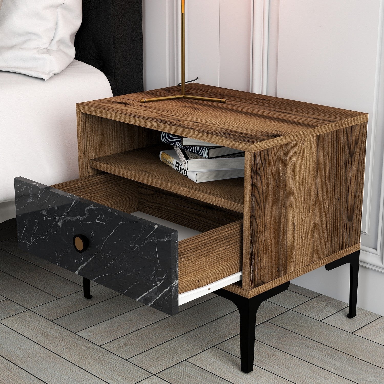 Mesa de Cabeceira Moderna – 56 x 50,8 x 40 cm – Nogueira e Preto – Painel de Partículas