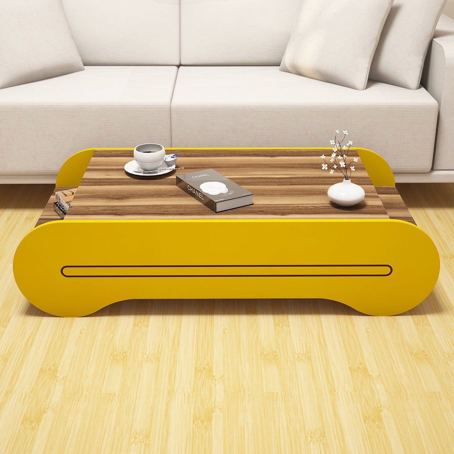 Mesa de Centro – 120 x 30 x 63,6 cm – Nogueira e Amarelo – Painel de Partículas Revestido em Melamina