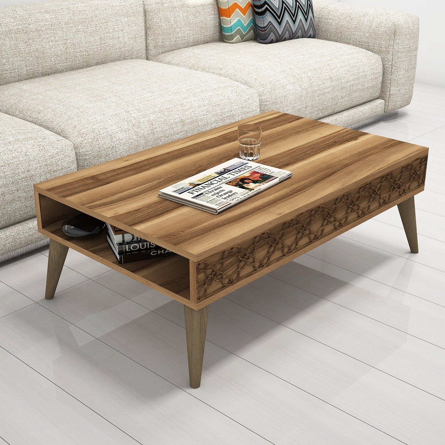 Mesa de Centro Moderna – 105 x 60 x 36,6 cm – Nogueira – Painel de Partículas
