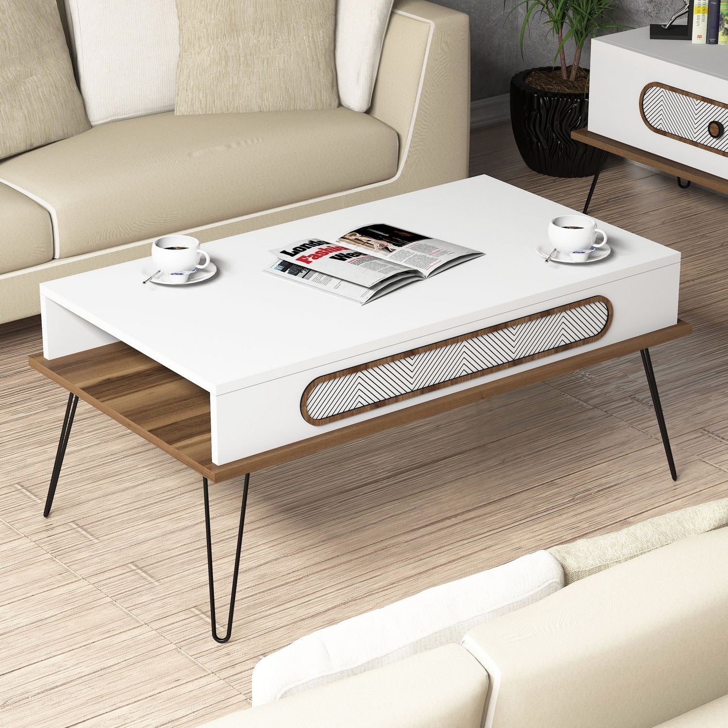 Mesa de Centro Moderna – 105 x 56 x 45,8 cm – Branca – Painel de Partículas revestido a Melamina
