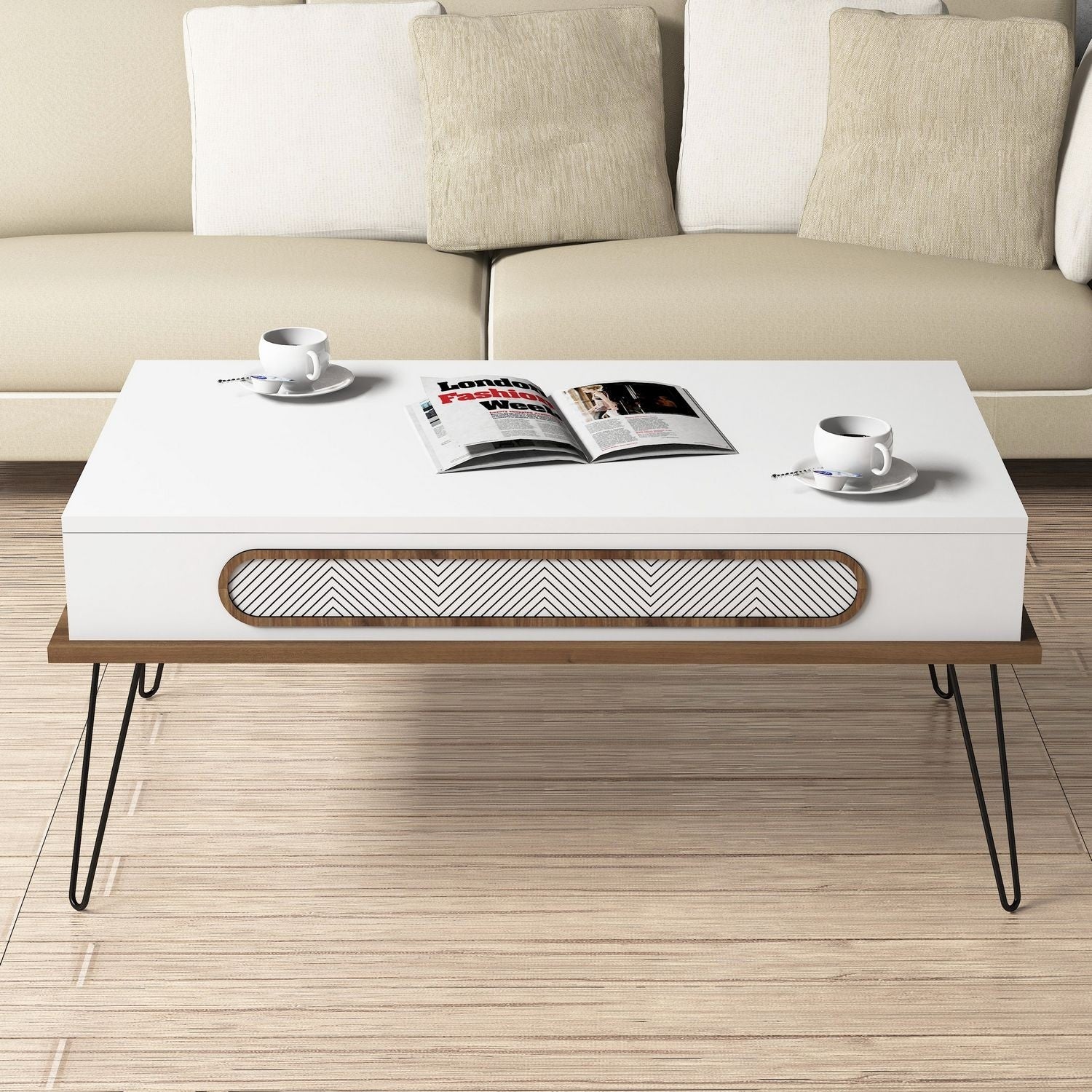 Mesa de Centro Moderna – 105 x 56 x 45,8 cm – Branca – Painel de Partículas revestido a Melamina