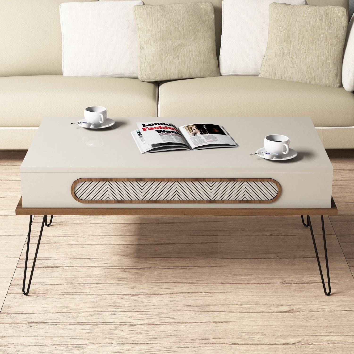 Mesa de Centro Moderna – 105 x 56 x 45,8 cm – Cor Creme – Painel de Partículas Revestido a Melamina
