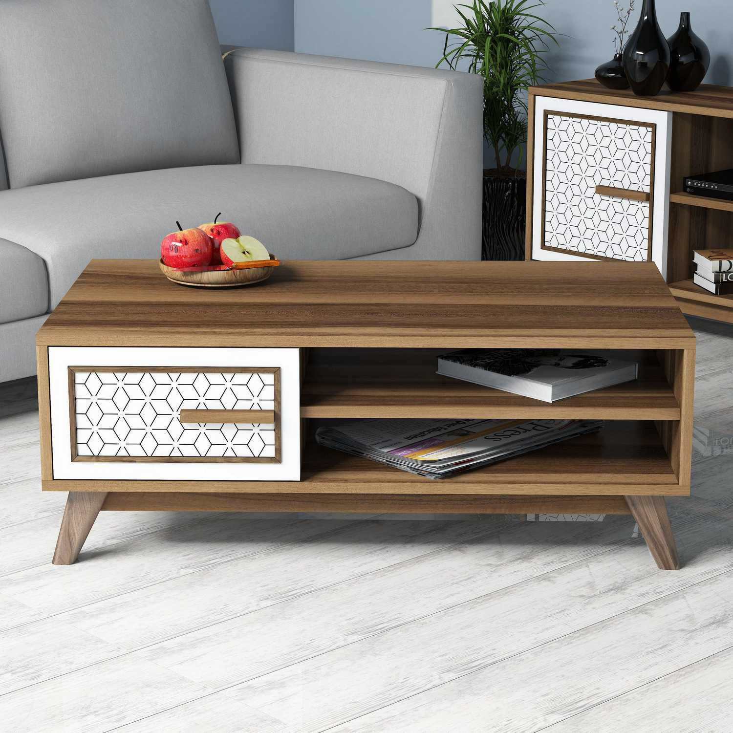 Mesa de Centro Moderna – 105 x 38,2 x 60 cm – Nogueira e Branco – Painel de Partículas com Melamina