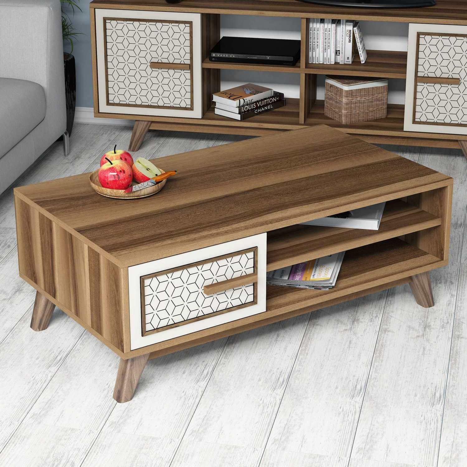 Mesa de Centro Moderna – 105 x 38,2 x 60 cm – Nogueira e Creme – Painel de Partículas 100% Revestido com Melamina