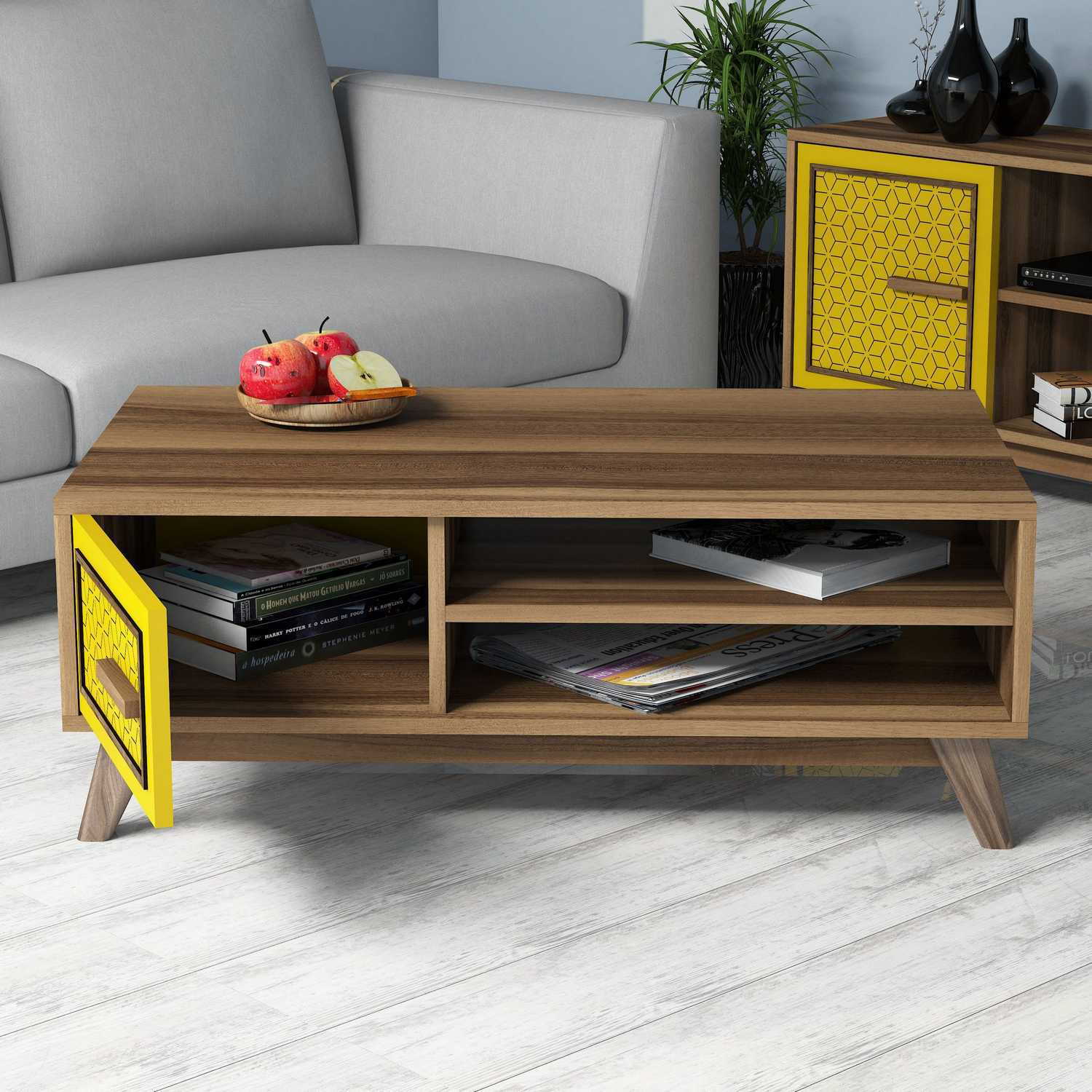 Mesa de Centro – 105 x 60 x 38,2 cm – Nogueira e Amarelo – Painel de Partículas