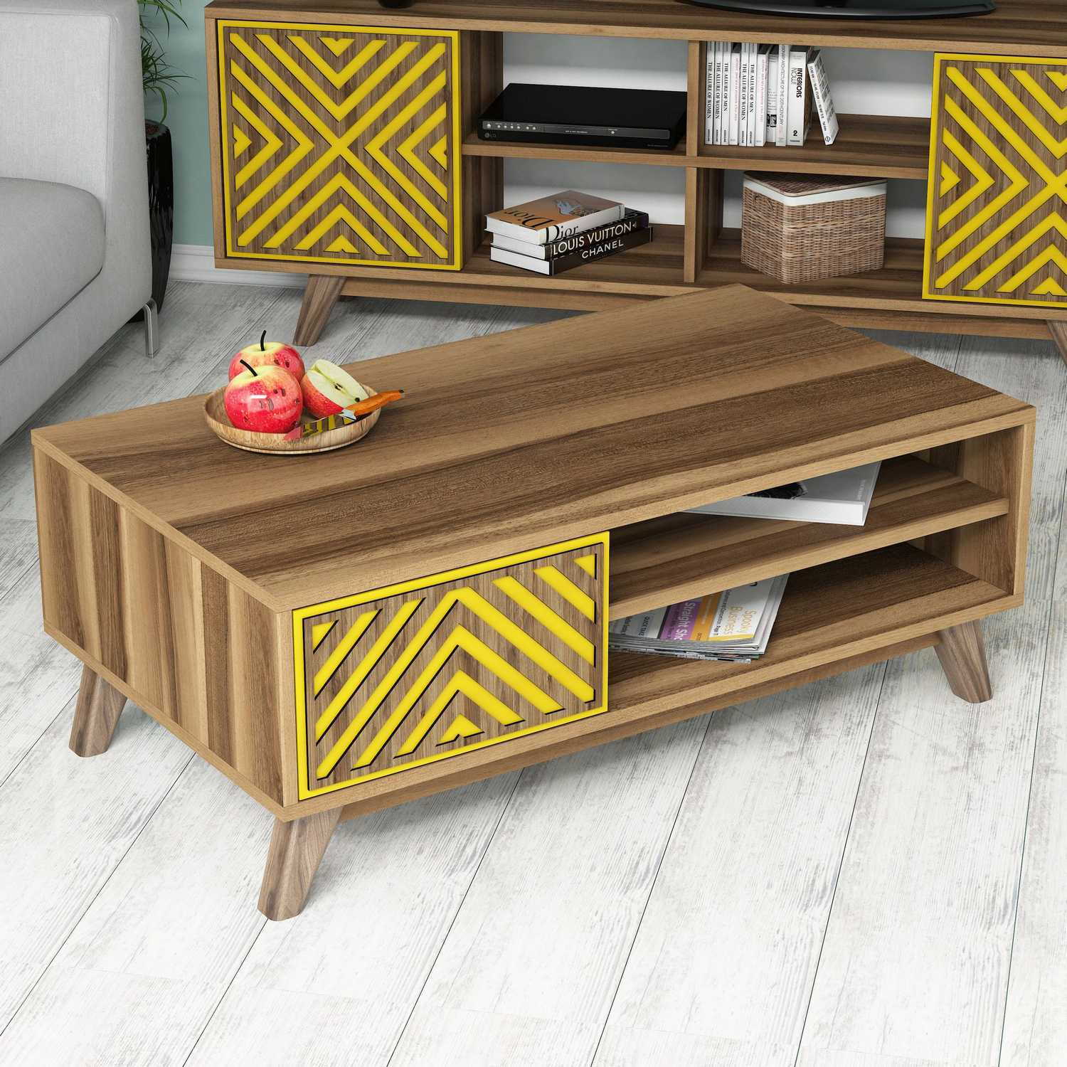 Mesa de Centro – 105 x 38,2 x 60 cm – Nogueira e Amarelo – Painel de partículas revestido a melamina