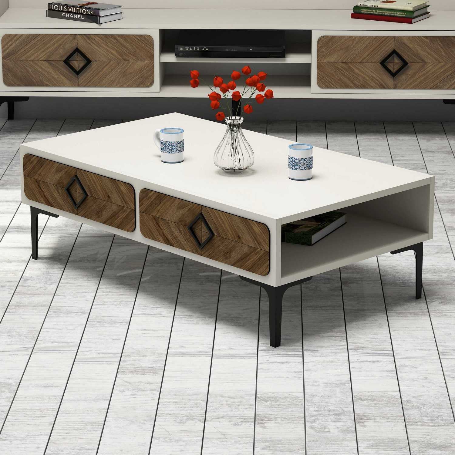 Mesa de Centro Moderna – 105 x 60 x 34,6 cm – Nogueira e Creme – Painel de Partículas