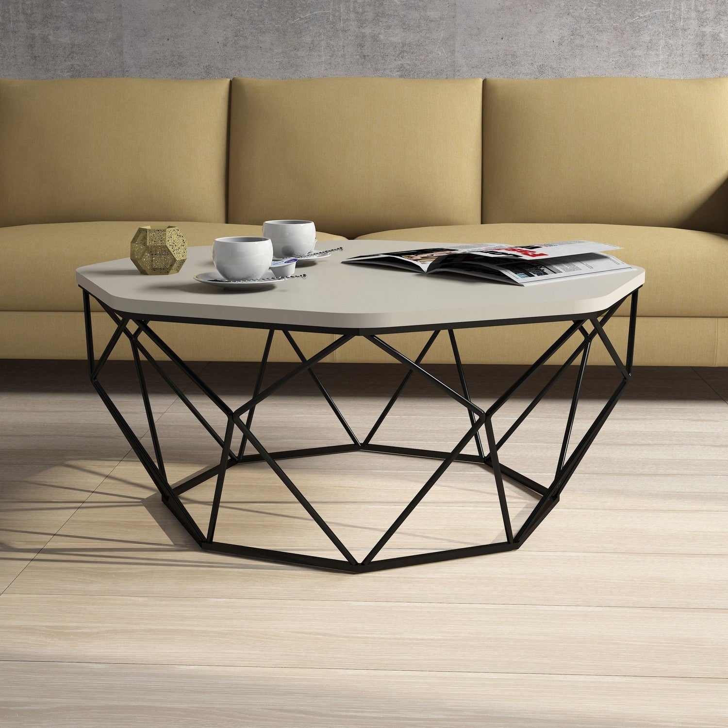 Mesa de Centro Moderna – 90 x 90 x 38 cm – Creme – Painel de Partículas e Metal
