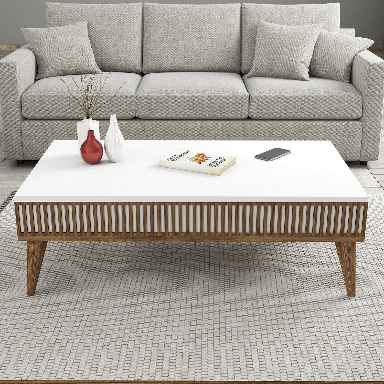 Mesa de Centro Elegante – 105 x 60 x 34,6 cm – Nogueira e Branco – Painel de Partículas revestido a Melamina