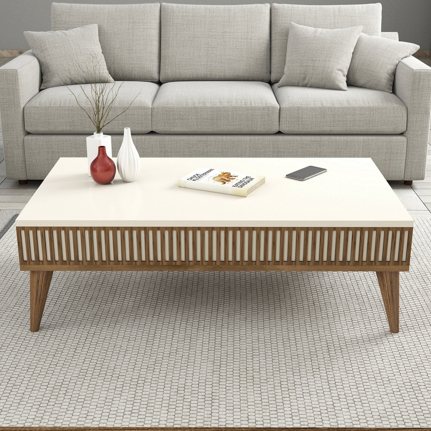 Mesa de Centro Elegante – 105 x 60 x 34,6 cm – Creme e Nogueira – Melamina