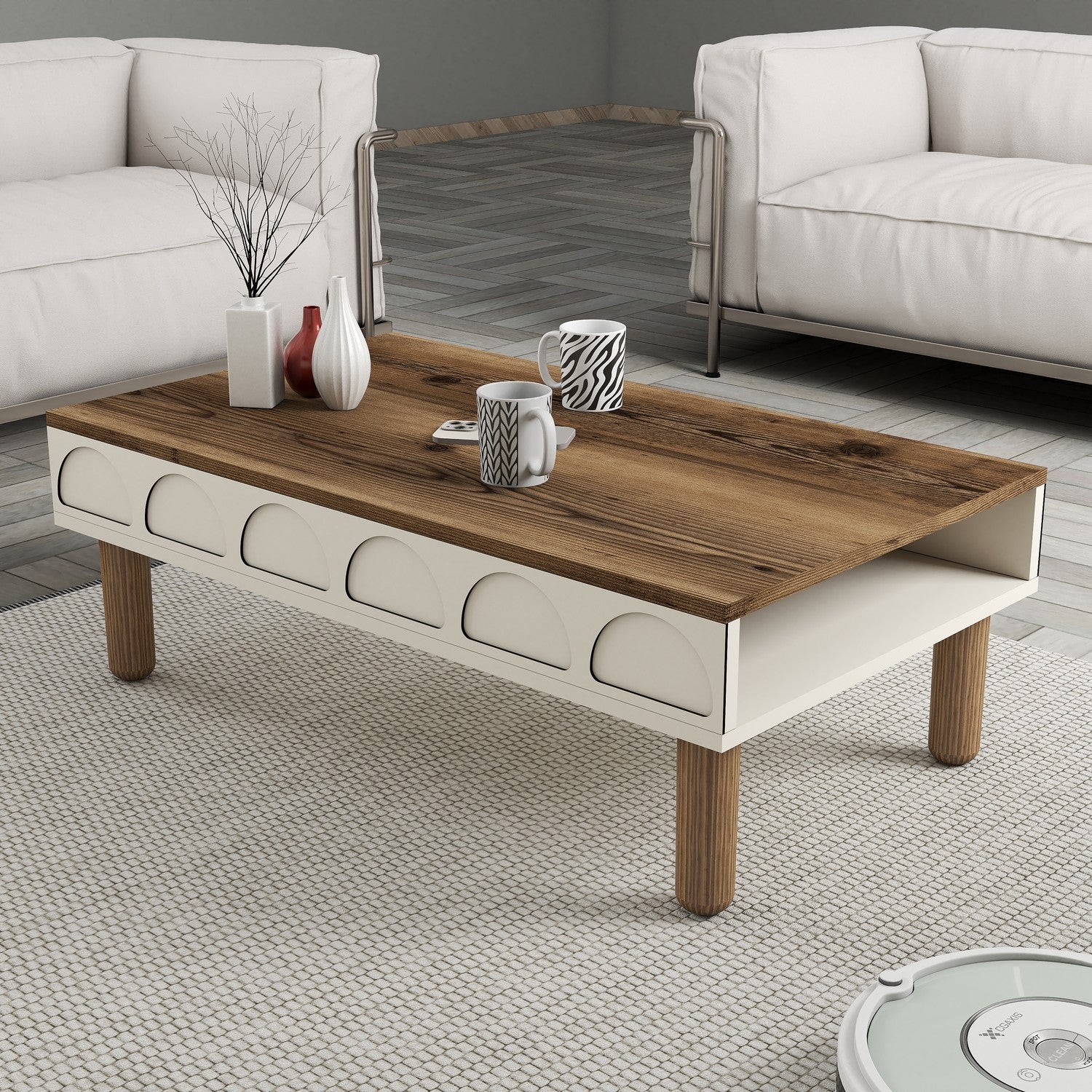 Mesa de Centro – 180cm x 35.6cm x 60cm – Creme – Painéis de Partículas Revestidos a Melamina