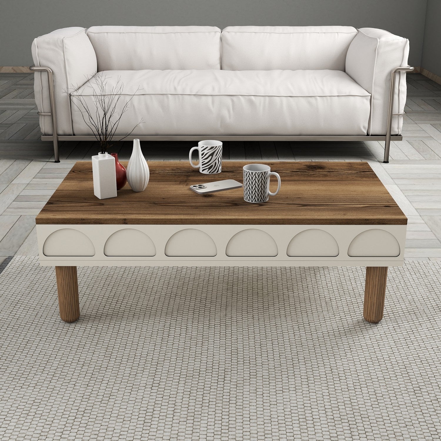 Mesa de Centro – 180cm x 35.6cm x 60cm – Creme – Painéis de Partículas Revestidos a Melamina