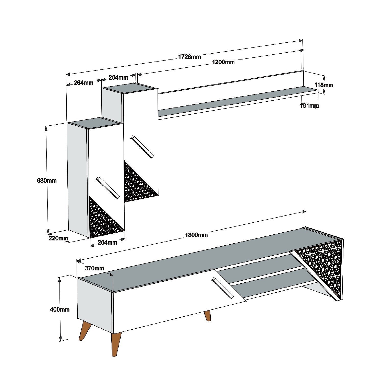Móvel de TV moderno – 180x40x37 cm – Branco – Melamina
