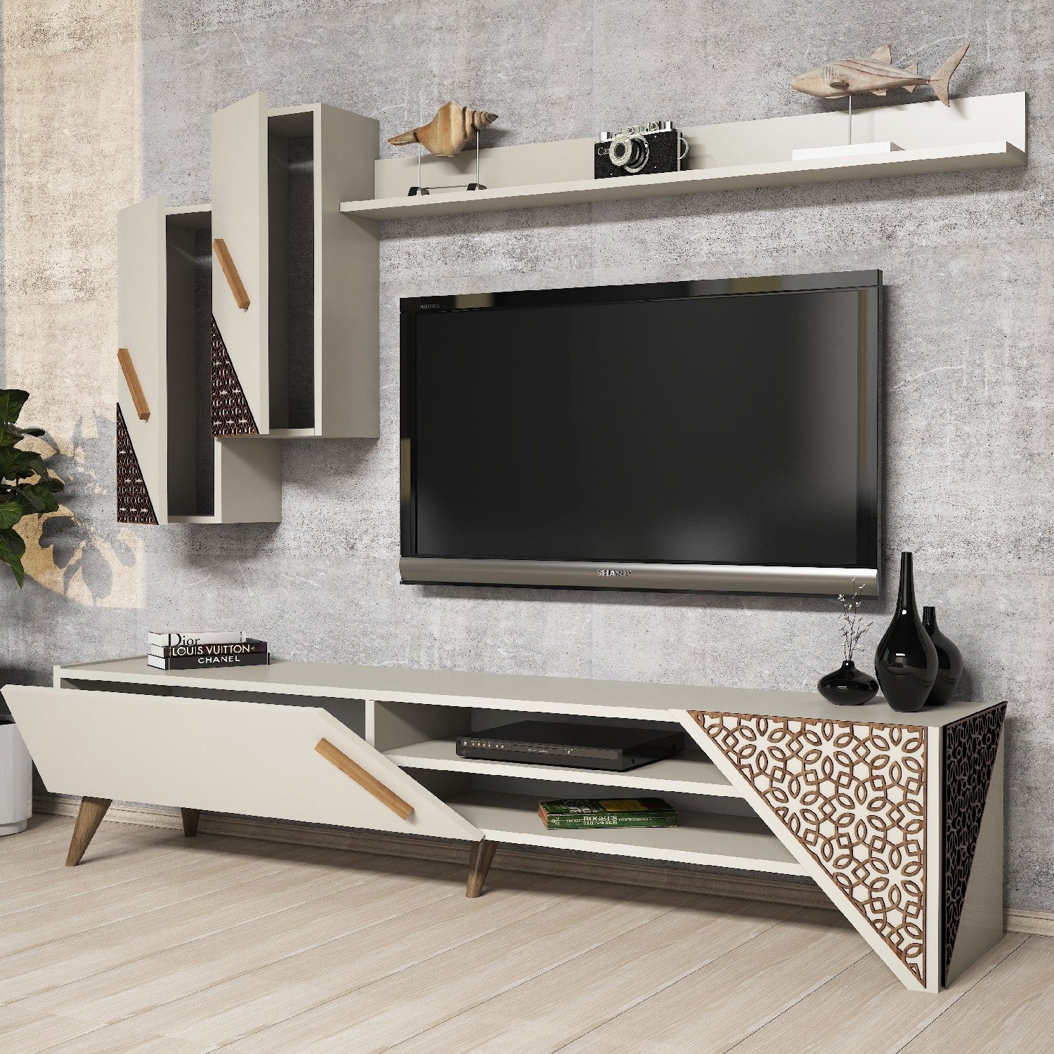 Móvel de TV moderno – 180 cm – creme – melamina