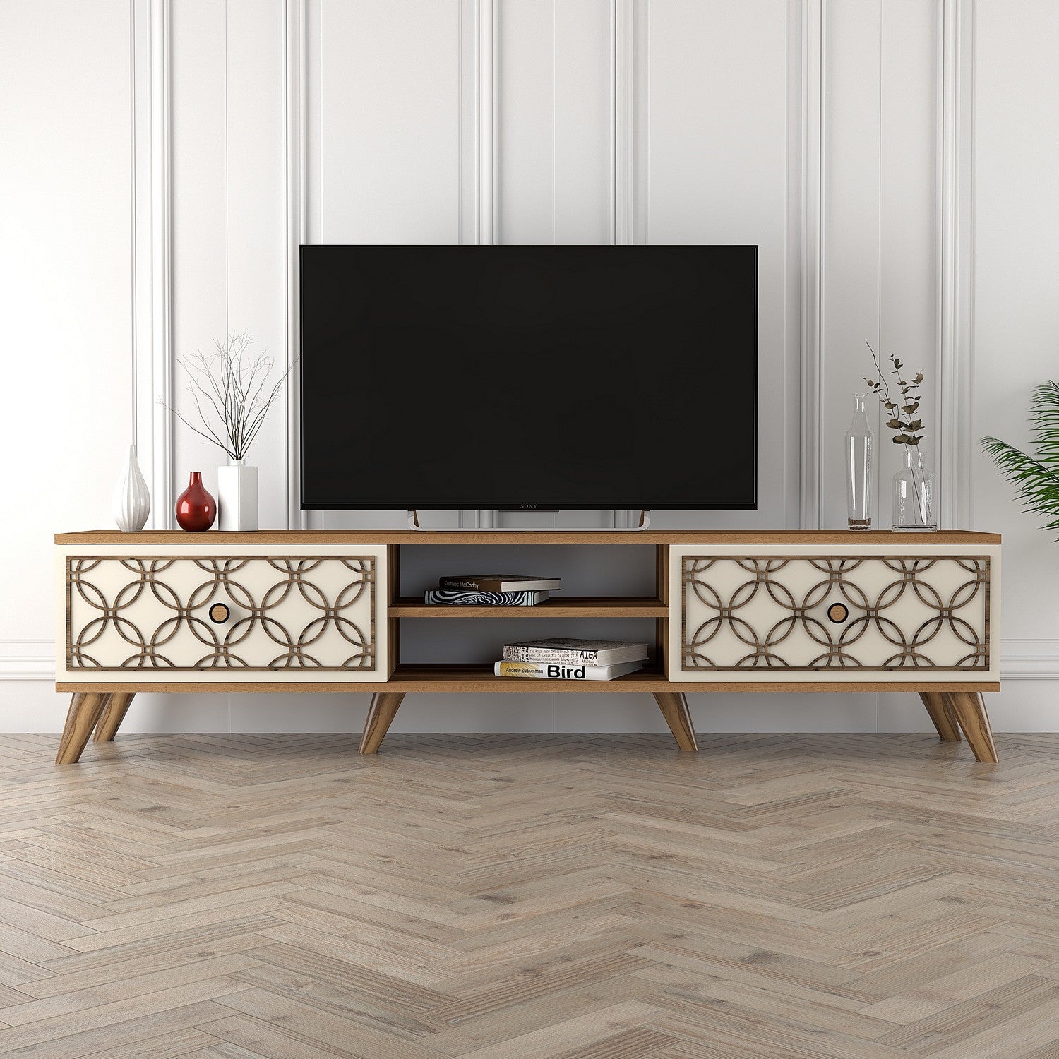 Móvel de TV moderno com prateleiras – 180 cm x 44 cm x 35 cm – nogueira e creme – melamina