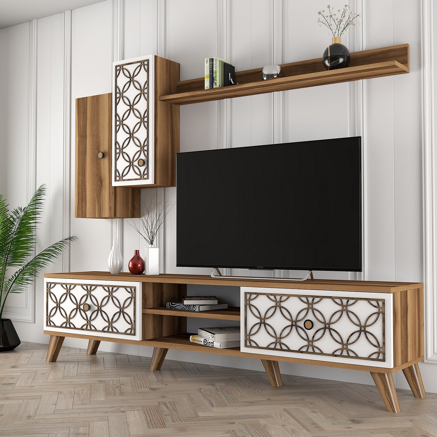 Móvel de TV moderno – 180 x 44 x 35 cm – Nogueira e Branca – Melamina