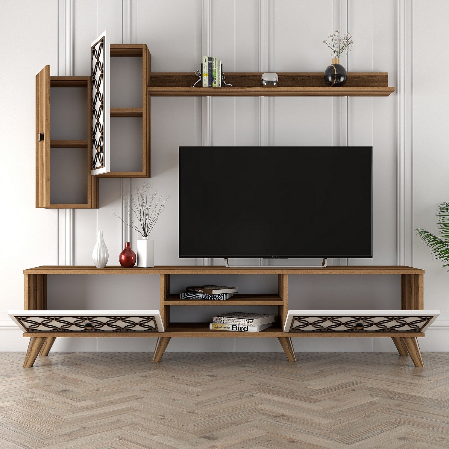 Móvel de TV moderno – 180 x 44 x 35 cm – Nogueira e Branca – Melamina