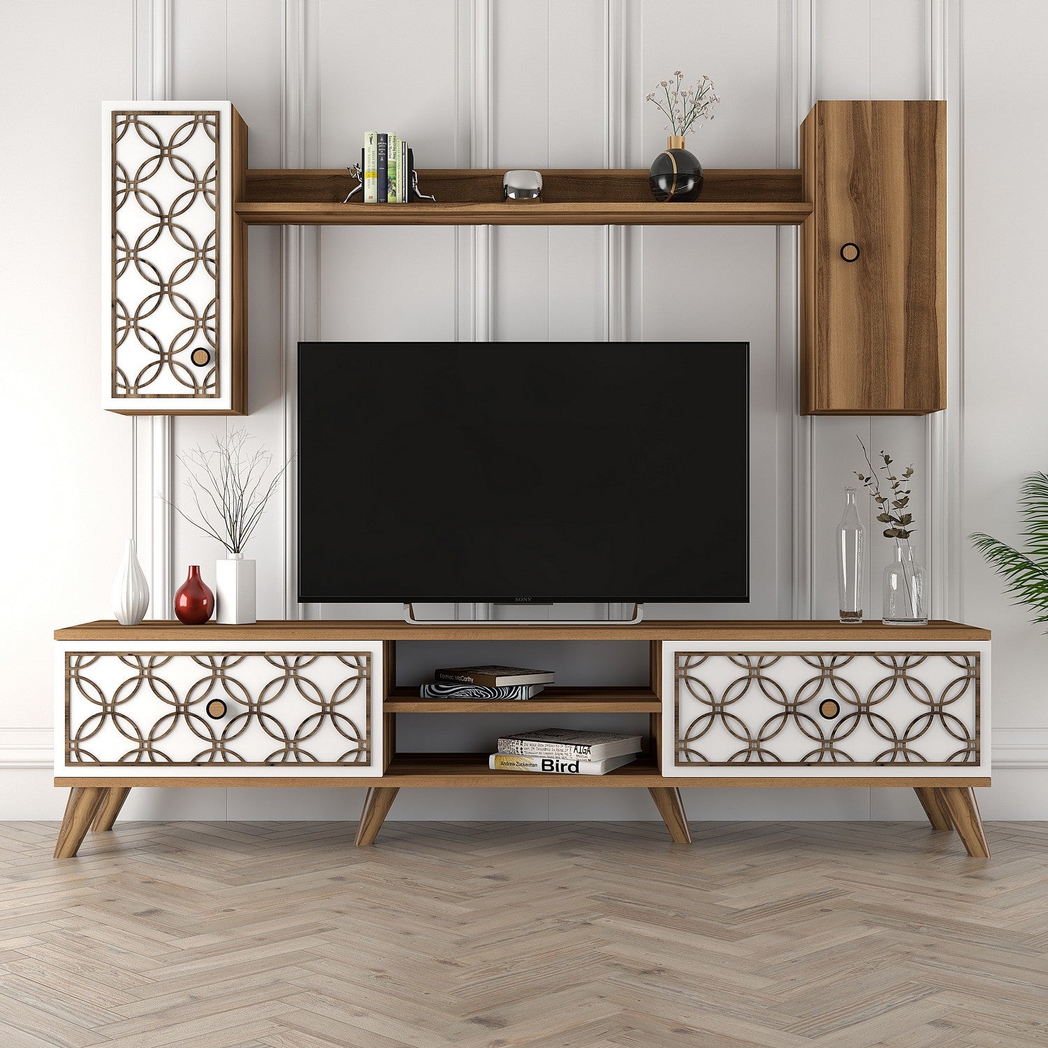 Móvel de TV moderno – 180 x 44 x 35 cm – Nogueira e Branca – Melamina