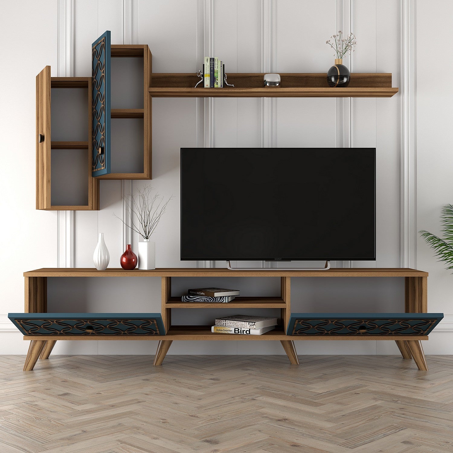 Móvel de TV moderno – 180 cm – Nogueira e Calcedônia – MDF revestido em melamina