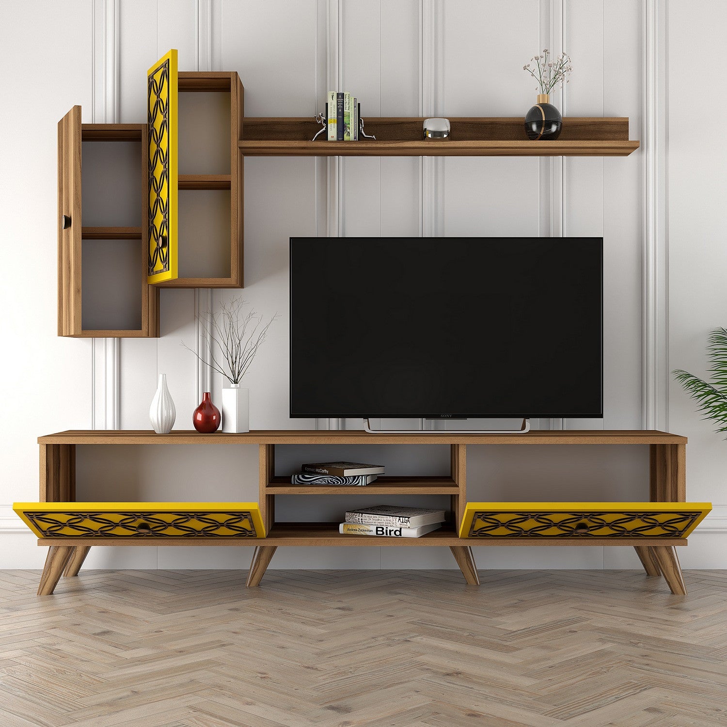 Móvel de TV – 180x44x35 cm – Noz e Amarelo – Melamina