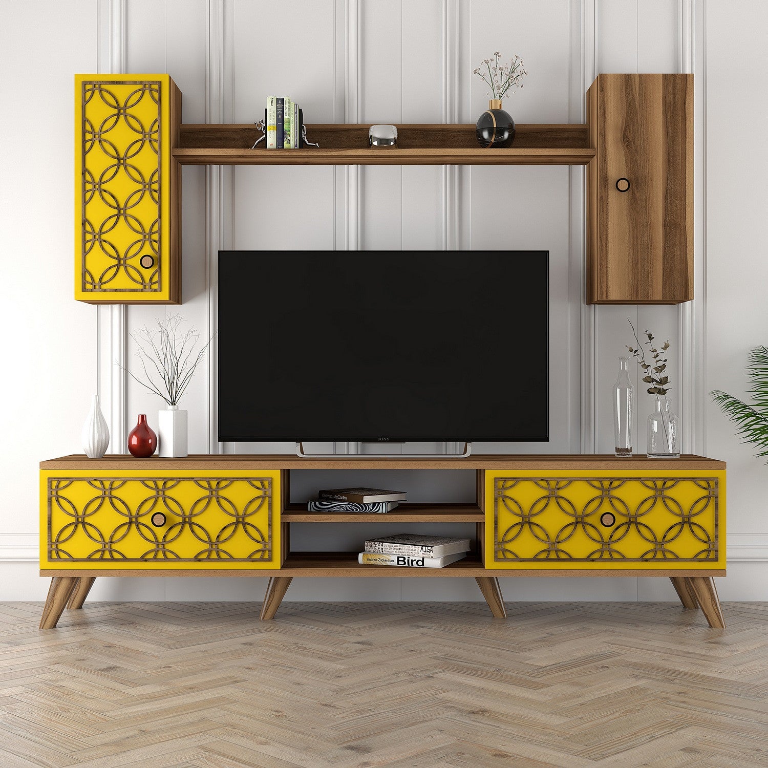 Móvel de TV – 180x44x35 cm – Noz e Amarelo – Melamina