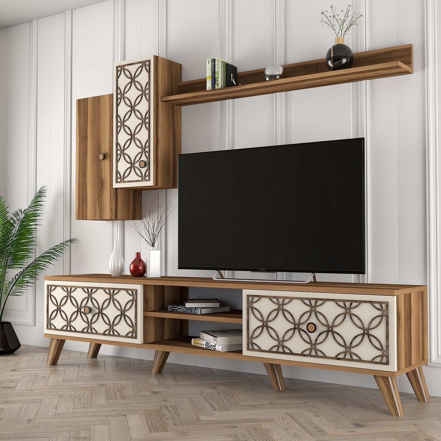 Móvel de TV moderno – 180 x 44 x 35 cm – Noz e Creme – MDF revestido em melamina