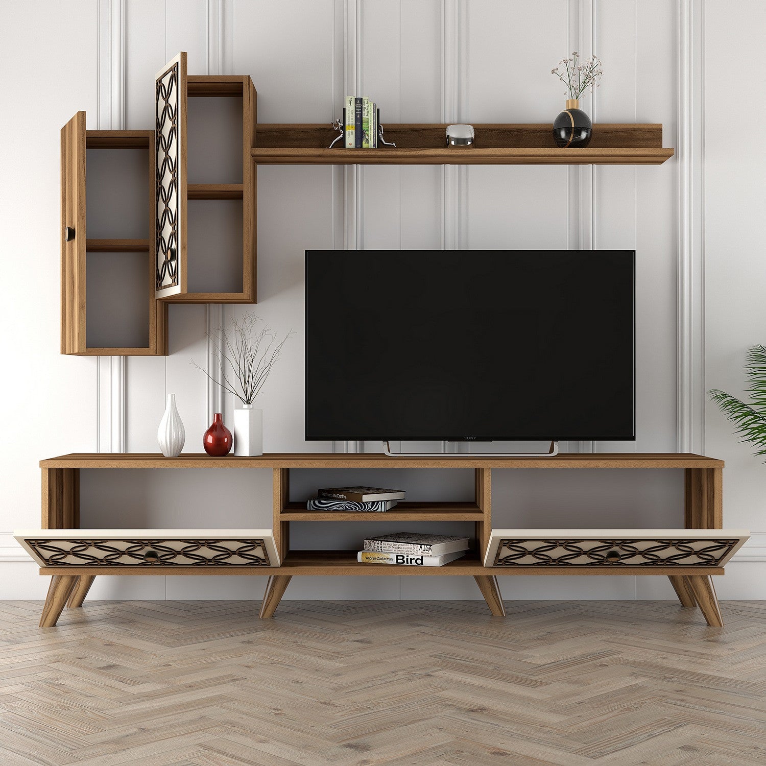 Móvel de TV moderno – 180 x 44 x 35 cm – Noz e Creme – MDF revestido em melamina