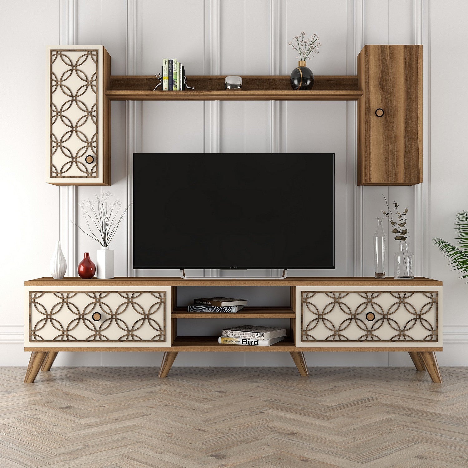 Móvel de TV moderno – 180 x 44 x 35 cm – Noz e Creme – MDF revestido em melamina