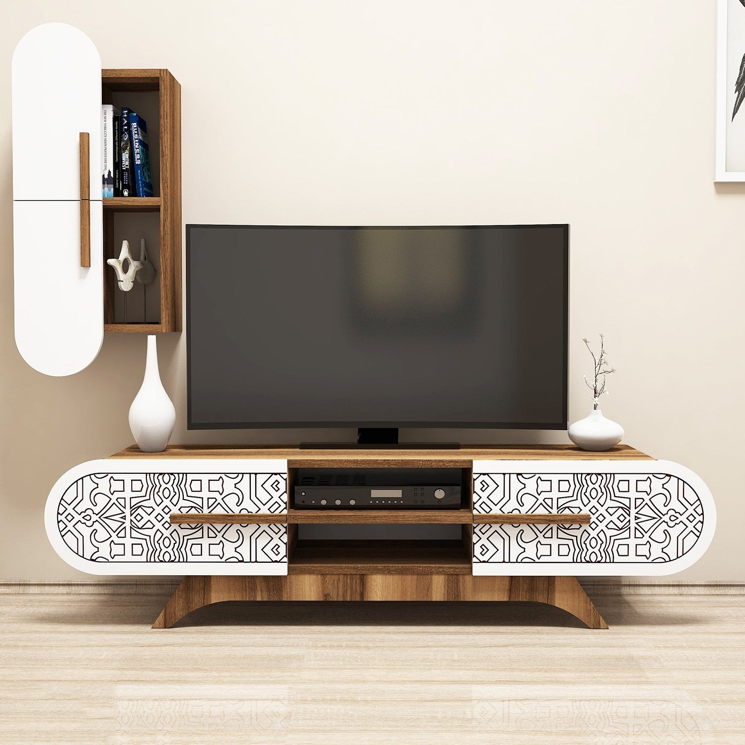 Móvel de TV moderno – 145 x 37 x 35 cm – nogueira e branco – melamina