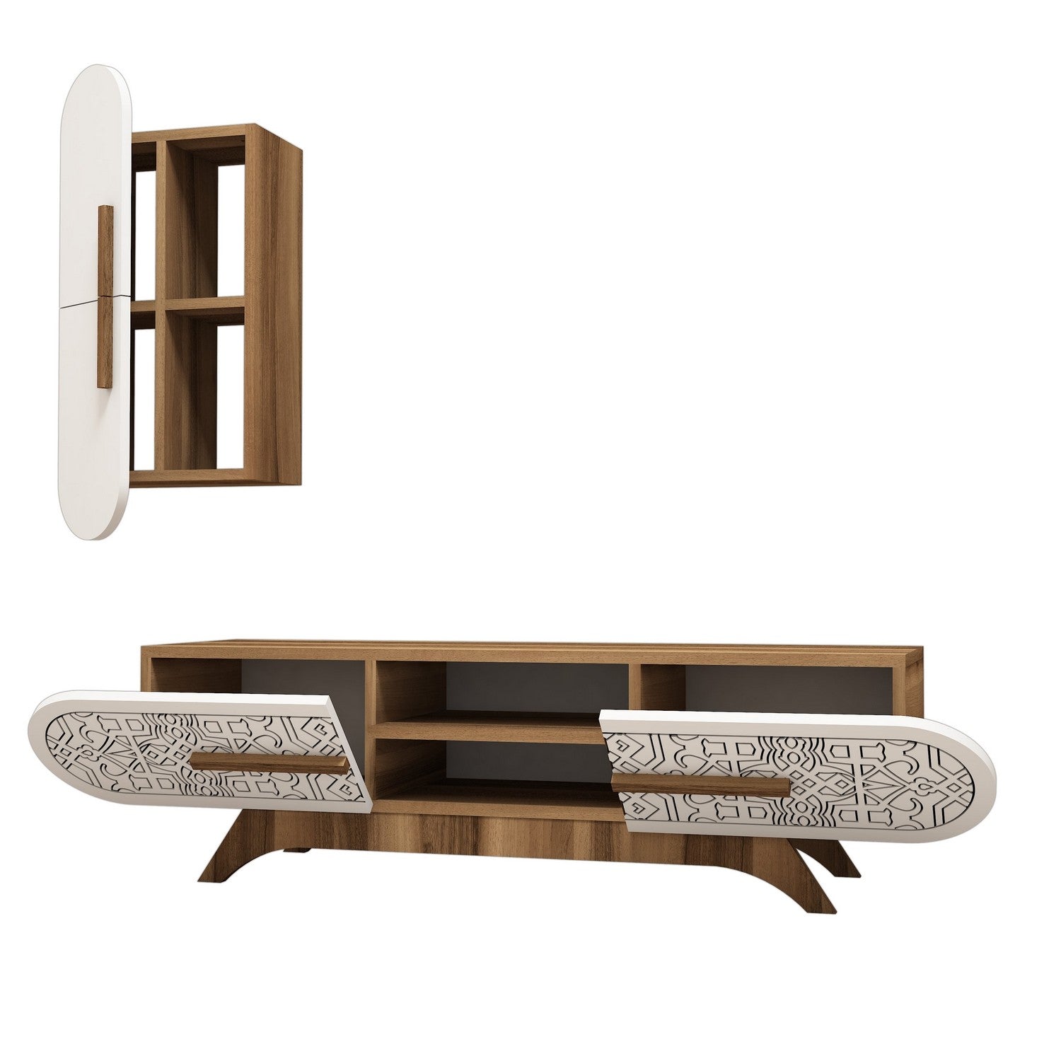 Móvel de TV moderno – 145 x 37 x 35 cm – nogueira e branco – melamina