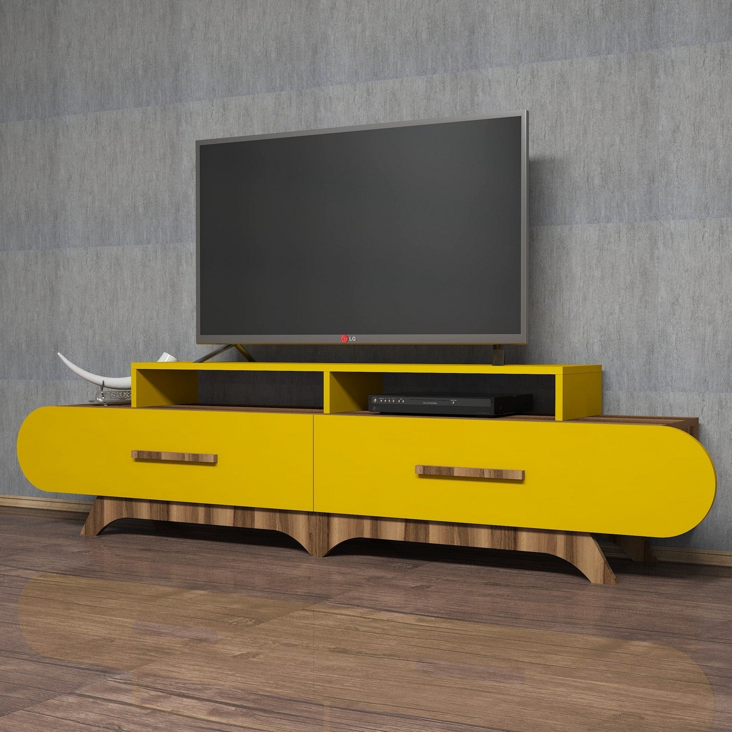 Móvel de TV – 205 x 50 x 36,8 cm – amarelo e nogueira – painel de partículas