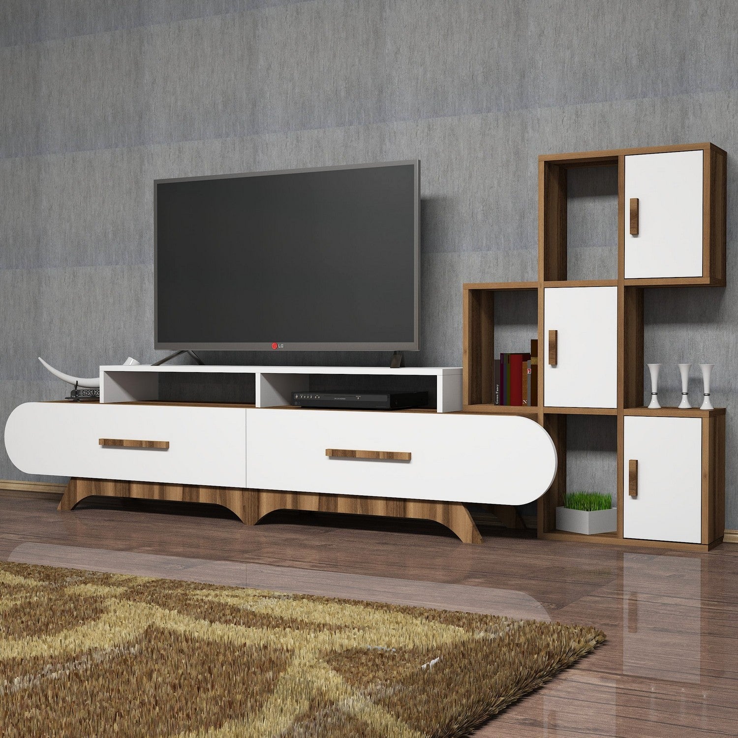 Móvel de TV moderno – 205 cm – nogueira e branco – painel de partículas revestido a melamina