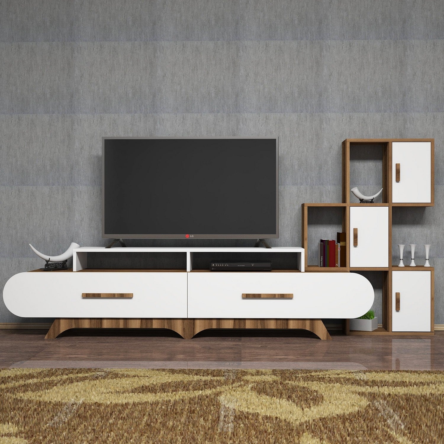 Móvel de TV moderno – 205 cm – nogueira e branco – painel de partículas revestido a melamina