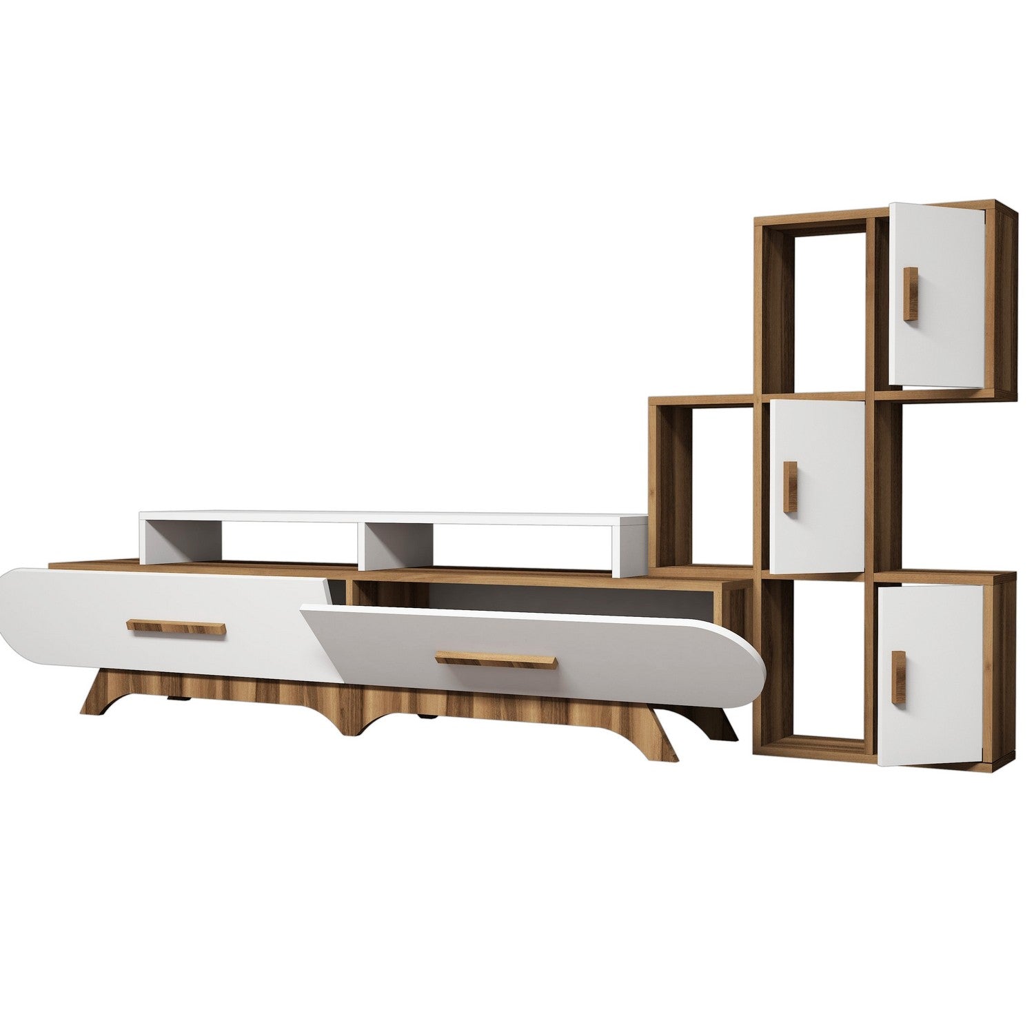 Móvel de TV moderno – 205 cm – nogueira e branco – painel de partículas revestido a melamina